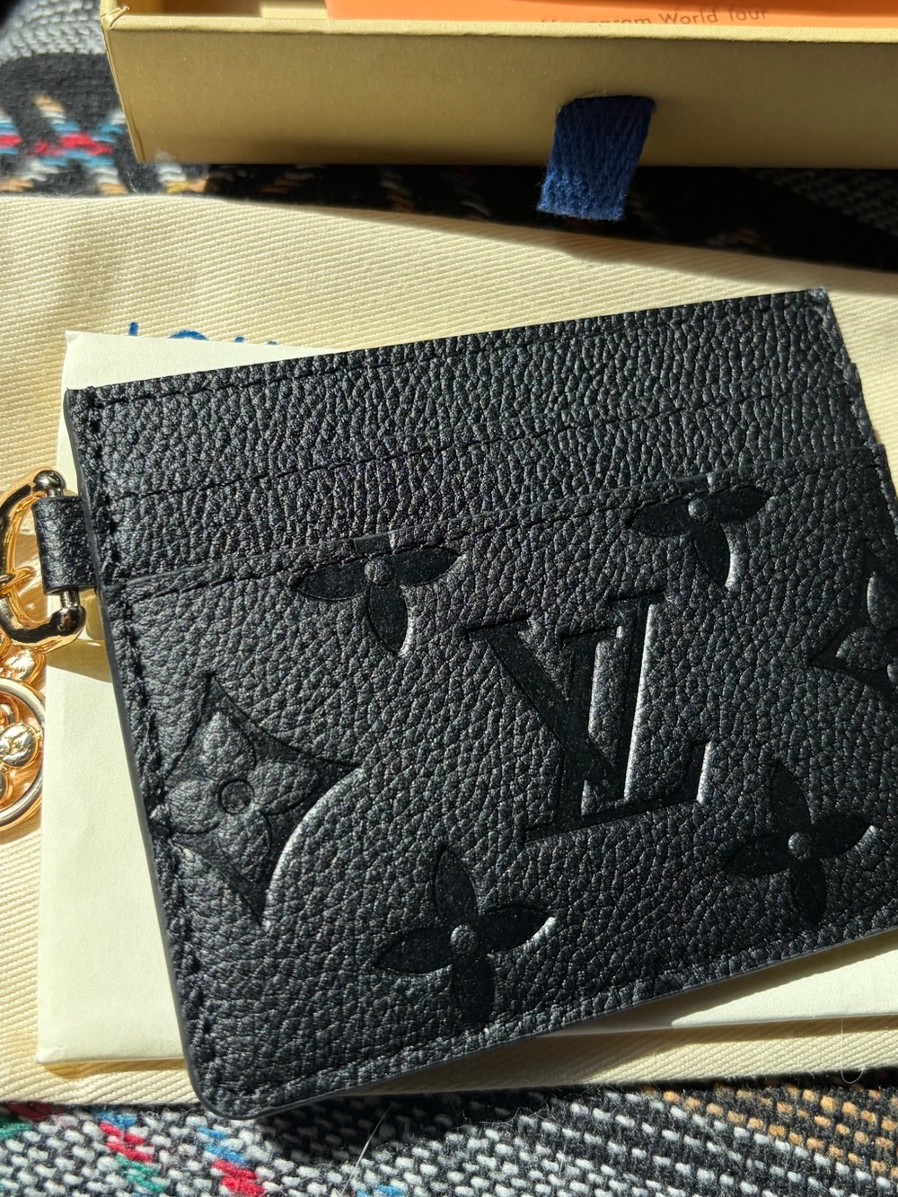 Louis Vuitton Black Embossed Monogram Card Holder with Gold Key Ring